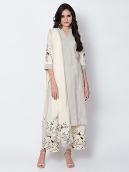Biba - Off White Stripes Kurta With Palazzos & Dupatta (Set of 3)