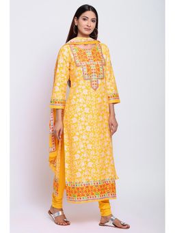 Biba - Yellow Printed Kurta With Churidar And Dupatta (Set of 3)