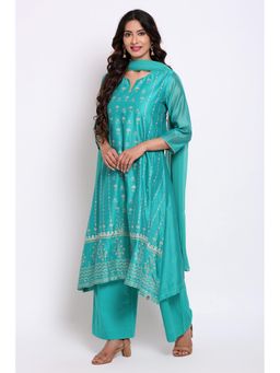 Biba - Green Printed Kurta With Palazzo And Dupatta (Set of 3)