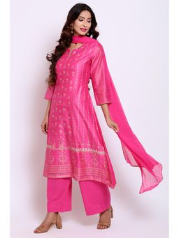 Biba - Pink Printed Kurta With Palazzo And Dupatta (Set of 3)