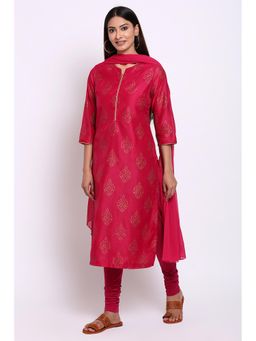 Biba - Pink Printed Kurta With Churidar And Dupatta (Set of 3)
