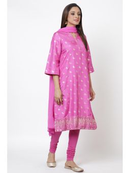 Biba - Pink Printed Kurta With Churidar And Dupatta (Set of 3)