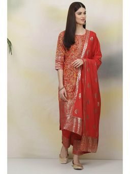 Biba - Red Cotton Straight Suit (Set of 3)
