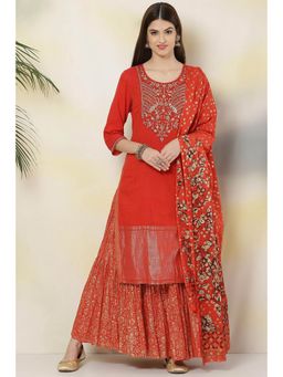 Biba - Red Cotton Straight Suit (Set of 3)