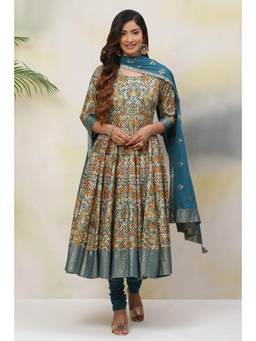 Biba - Teal Cotton Anarkali Suit (Set of 4)