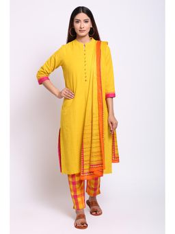 Biba - Yellow Solid Kurta With Pants & Dupatta (Set of 3)
