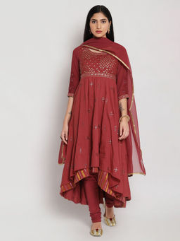 Biba - Purple Embellished Anarkali Kurta & Pant With Dupatta (Set of 3)