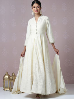 Biba - Off White Embellished Anarkali With Skirt And Dupatta (Set of 3)