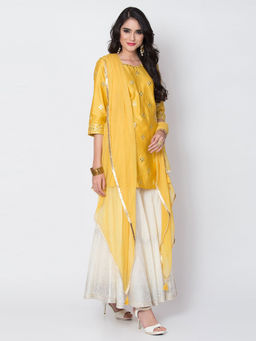Biba - Yellow Embellished Kurta With Sharara Pants & Dupatta (Set of 3)