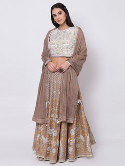 Biba - Off White Printed Crop Top With Lehenga And Dupatta (Set of 3)