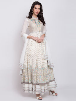 Biba - Off White Printed Front Open Kurta With Lehenga And Dupatta (Set of 3)