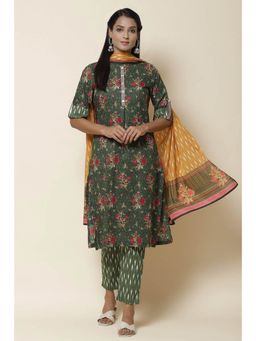Biba - Dark Green Cotton Straight Suit (Set of 4)