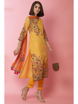 Biba - Yellow Cotton Straight Suit (Set of 4)