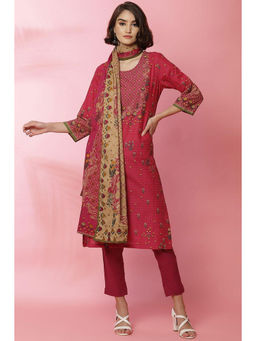 Biba - Fuchsia Cotton Straight Suit with Reversible Dupatta (Set of 4)