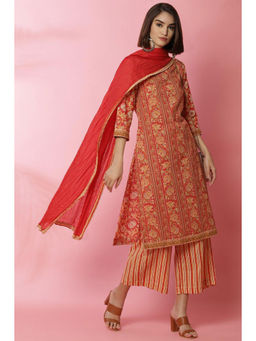 Biba - Red Cotton Straight Suit (Set of 3)