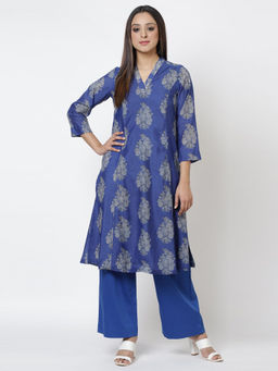 Biba - Blue Printed Kurta With Pant (Set of 2)