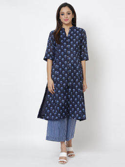 Biba - Navy Blue Printed Kurta With Pant (Set of 2)