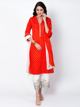 Biba - Red Printed Kurta With Palazzos & Dupatta (Set of 3)