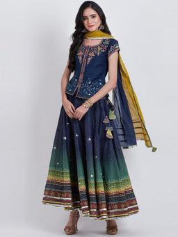 Biba - Navy Blue Embroidered Blouse With Lehenga And Dupatta (Set of 3)