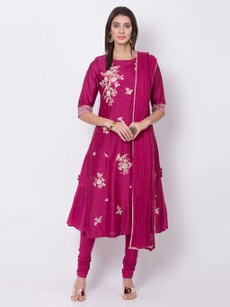 Biba - Wine Embroidered Kurta And Inner With Churidar And Dupatta (Set of 4)