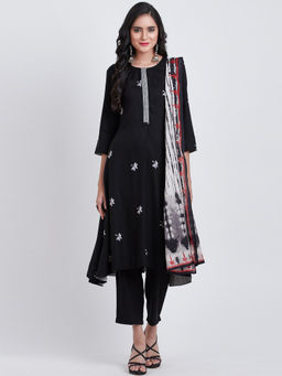 Biba - Black Printed Kurta With Pants & Dupatta (Set of 3)