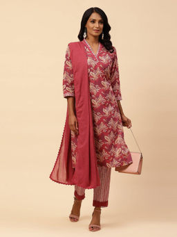 Biba - Berry Red Cotton Straight Suit (Set of 4)