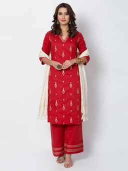 Biba - Red Embellished Kurta With Palazzos & Dupatta (Set of 3)