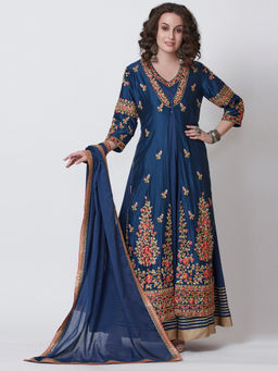 Biba - Navy Blue Embroidered Kurta And Inner With Churidar And Dupatta (Set of 4)