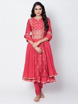 Biba - Coral Embellished Kurta & Inner With Churidar & Dupatta (Set of 4)