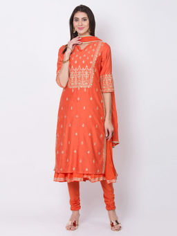 Biba - Orange Embroidered Kurta And Inner With Churidar And Dupatta (Set of 4)