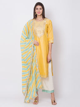 Biba - Yellow Embellished Straight Kurta With Palazzo And Dupatta (Set of 3)