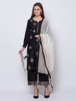 Biba - Black Embellished Kurta With Palazzos & Dupatta (Set of 3)