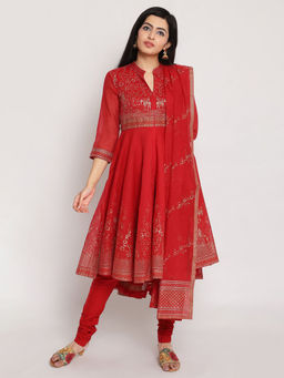 Biba - Red Printed Anarkali Kurta With Pant & Dupatta & Mask (Set of 4)
