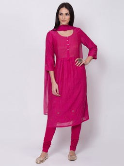 Biba - Fuchsia Kurta With Churidar And Dupatta (Set of 3)