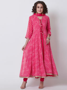 Biba - Pink Striped Kurta With Inner & Churidar With Dupatta (Set of 4)