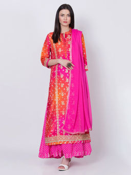 Biba - Pink Embroidered Kurta & Inner With Churidar & Dupatta (Set of 4)