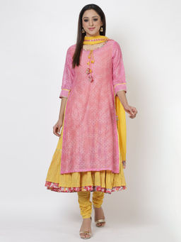 Biba - Pink Printed Kurta & Inner With Churidar & Dupatta (Set of 4)