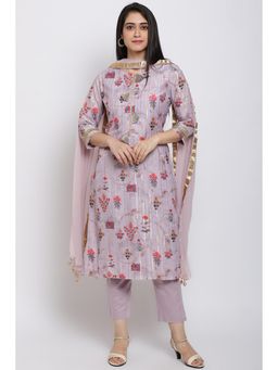 Biba - Purple Floral Kurta With Pants & Dupatta (Set of 3)