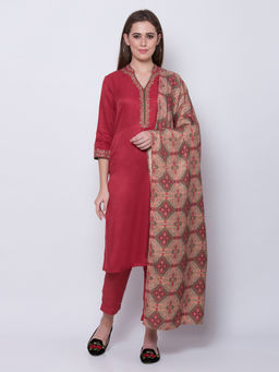 Biba - Red Solid Kurta With Pants & Dupatta (Set of 3)