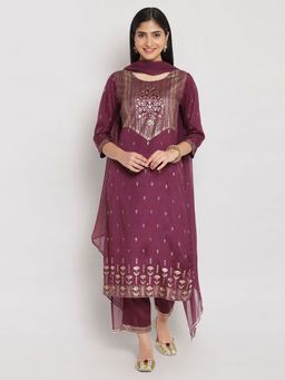Biba - Wine Printed Kurta With Pant & Dupatta (Set of 3)