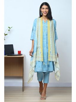 Biba - Blue Metallic Cotton Straight Kurta (Set of 3)