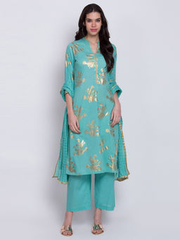 Biba - Turquoise Printed Straight Kurta With Palazzo And Dupatta (Set of 3)