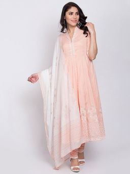 Biba - Peach Floral Kurta With Churidar & Dupatta (Set of 3)