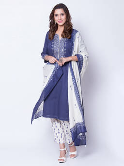 Biba - Indigo Embroidered Kurta With Pant & Dupatta (Set of 3)