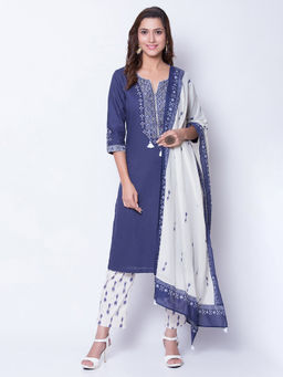 Biba - Off White Solid Kurta With Pants & Dupatta (Set of 3)