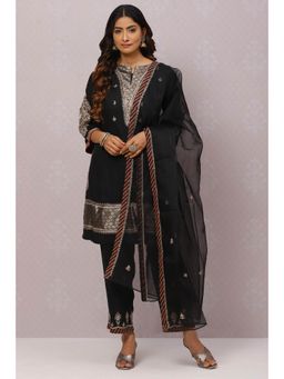 Biba - Black Viscose Cotton Straight Suit (Set of 3)