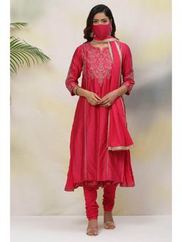 Biba - Crimson Red Cotton Silk Straight Suit (Set of 5)