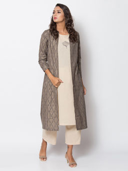 Biba - Grey Printed Front Open Jacket With Inner & Pants (Set of 3)
