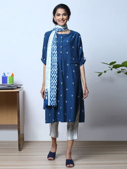 Biba - Navy Blue Embroidered Kurta With Pant And Dupatta & Mask (Set of 4)