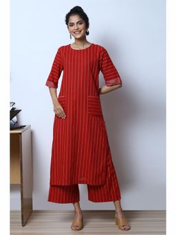 Biba - Red Cotton Straight Kurta and Palazzo (Set of 2)